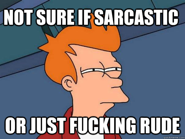 not sure if sarcastic or just fucking rude - not sure if sarcastic or just fucking rude  Futurama Fry
