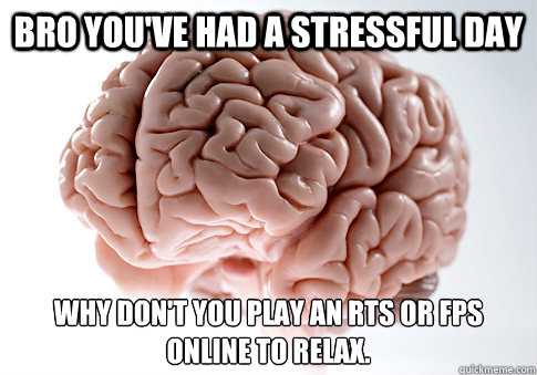 Bro you've had a stressful day Why don't you play an RTS or FPS online to relax.  Scumbag Brain