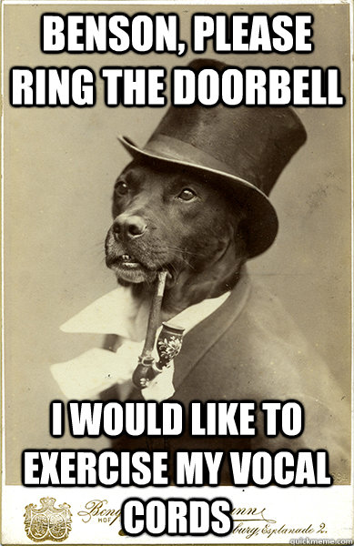 Benson, please ring the doorbell i would like to exercise my vocal cords  Old Money Dog