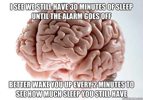 I see we still have 30 minutes of sleep until the alarm goes off Better wake you up every 2 minutes to see how much sleep you still have  Scumbag Brain