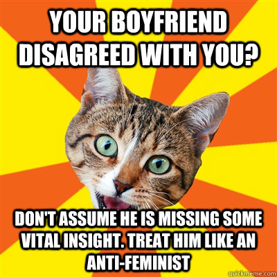 your boyfriend disagreed with you? Don't assume he is missing some vital insight. Treat him like an anti-feminist  Bad Advice Cat