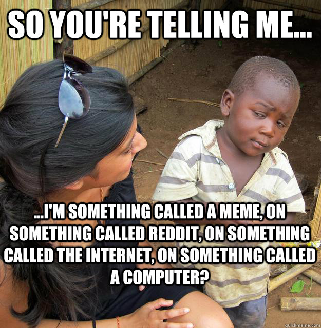 so you're telling me... ...I'm something called a meme, on something called reddit, on something called the internet, on something called a computer? - so you're telling me... ...I'm something called a meme, on something called reddit, on something called the internet, on something called a computer?  Skeptical Black Kid