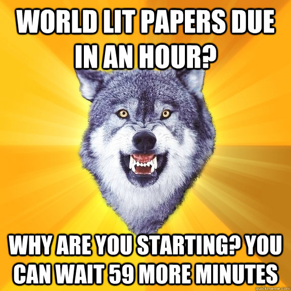 World Lit papers due in an hour? why are you starting? you can wait 59 more minutes  Courage Wolf