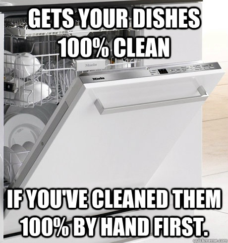 Gets your dishes 100% clean if you've cleaned them 100% by hand first.  