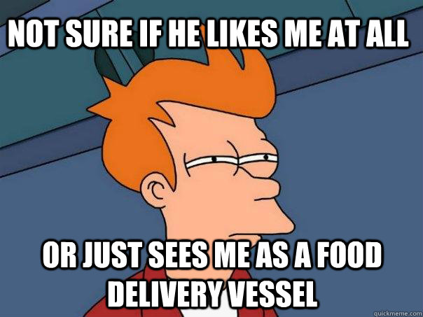 not sure if he likes me at all or just sees me as a food delivery vessel  Futurama Fry