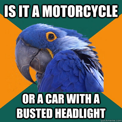 is it a motorcycle or a car with a busted headlight  Paranoid Parrot