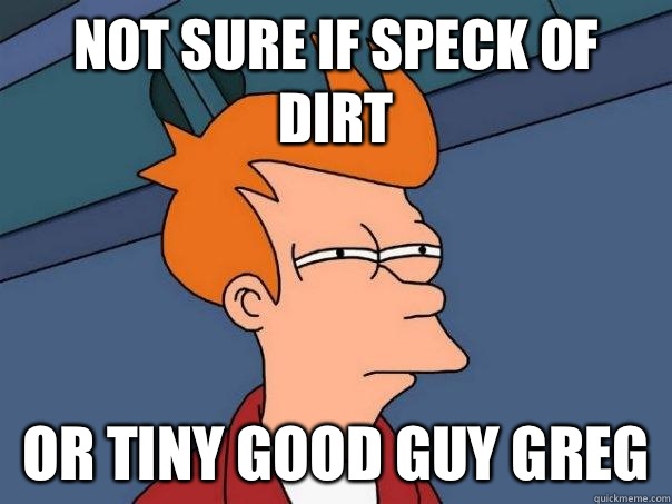 Not sure if speck of dirt Or tiny good guy greg  Futurama Fry