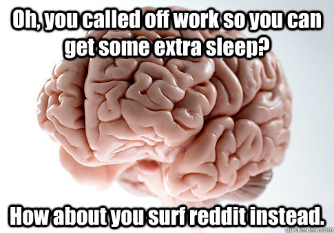 Oh, you called off work so you can get some extra sleep? How about you surf reddit instead.  - Oh, you called off work so you can get some extra sleep? How about you surf reddit instead.   Scumbag Brain