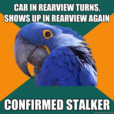 car in rearview turns,
shows up in rearview again confirmed stalker  Paranoid Parrot