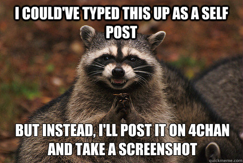 I could've typed this up as a self post But instead, I'll post it on 4chan and take a screenshot  Insidious Racoon 2