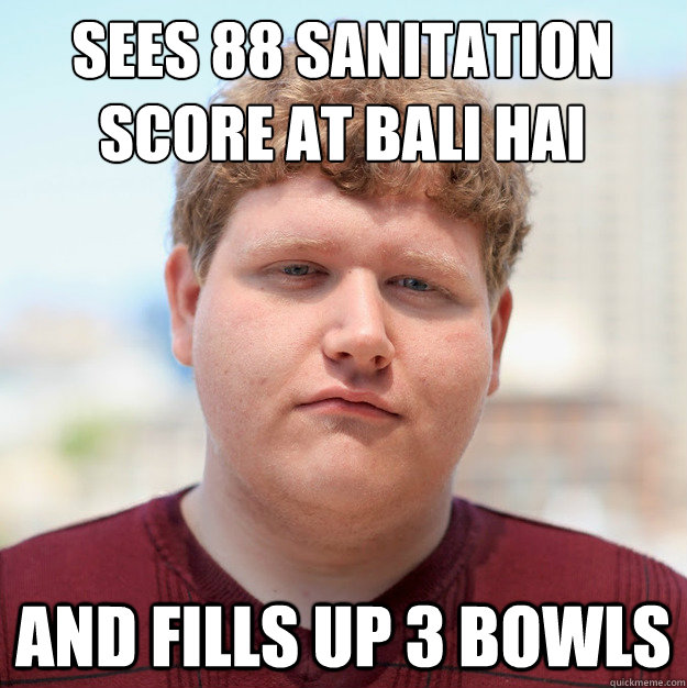 Sees 88 sanitation score at Bali hai
 and fills up 3 bowls  