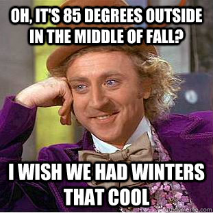 Oh, it's 85 degrees outside in the middle of fall? I wish we had winters that cool  Condescending Wonka