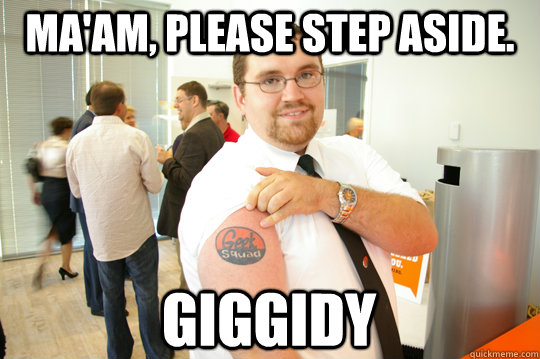 Ma'am, please step aside. Giggidy  GeekSquad Gus