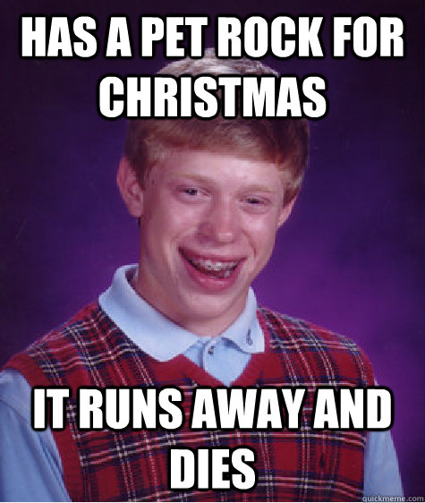 Has a Pet rock for Christmas  it runs away and dies  Bad Luck Brian
