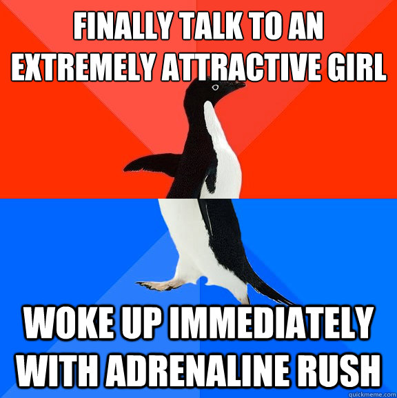 Finally talk to an extremely attractive girl Woke up immediately with adrenaline rush  Socially Awesome Awkward Penguin