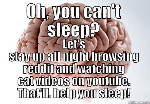 OH, YOU CAN'T SLEEP? LET'S STAY UP ALL NIGHT BROWSING REDDIT AND WATCHING CAT VIDEOS ON YOUTUBE. THAT'LL. HELP YOU SLEEP! Scumbag Brain