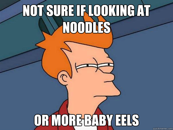 Not sure if looking at noodles Or more baby eels  Futurama Fry