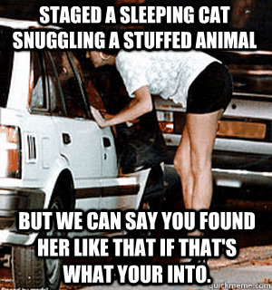 Staged a sleeping cat snuggling a stuffed animal But we can say you found her like that if that's what your into.   Karma Whore