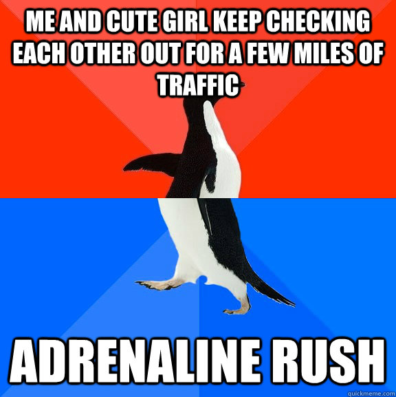 me and cute girl keep checking each other out for a few miles of traffic adrenaline rush  Socially Awesome Awkward Penguin