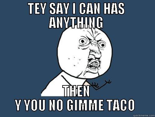 TEY SAY I CAN HAS ANYTHING THEN Y YOU NO GIMME TACO  Y U No