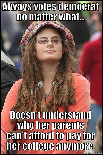 ALWAYS VOTES DEMOCRAT NO MATTER WHAT... DOESN'T UNDERSTAND WHY HER PARENTS CAN'T AFFORD TO PAY FOR HER COLLEGE ANYMORE  College Liberal