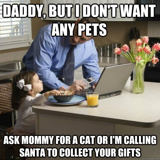 Daddy, but i don't want any pets ask mommy for a cat or i'm calling santa to collect your gifts  Redditor father