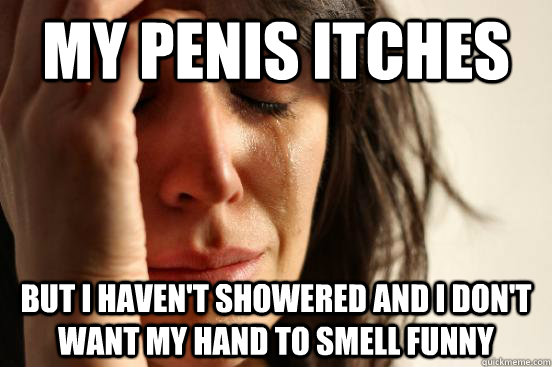 my penis itches but i haven't showered and I don't want my hand to smell funny  First World Problems