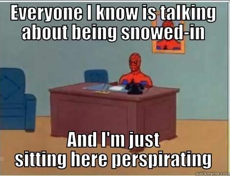 EVERYONE I KNOW IS TALKING ABOUT BEING SNOWED-IN AND I'M JUST SITTING HERE PERSPIRATING Spiderman Desk