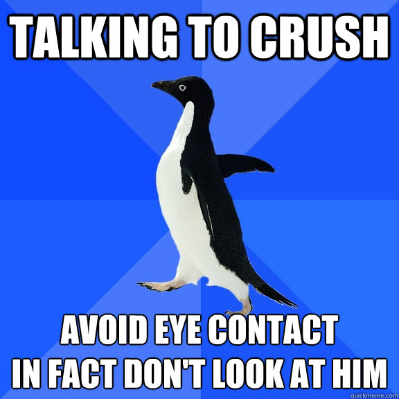 talking to crush avoid eye contact 
in fact don't look at him  Socially Awkward Penguin