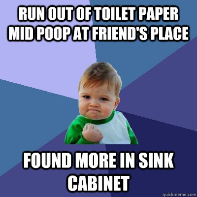 Run out of toilet paper mid poop at friend's place Found more in sink cabinet  Success Kid