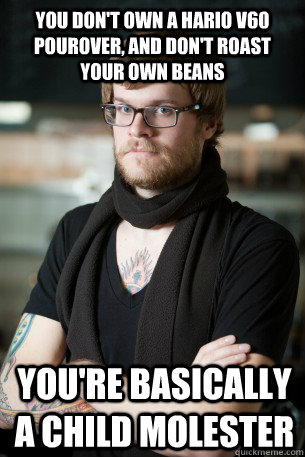 you don't own a hario v60 pourover, and don't roast your own beans you're basically a child molester  Hipster Barista