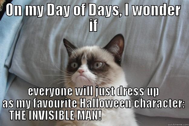 ON MY DAY OF DAYS, I WONDER IF EVERYONE WILL JUST DRESS UP AS MY FAVOURITE HALLOWEEN CHARACTER:     THE INVISIBLE MAN!                                         Grumpy Cat