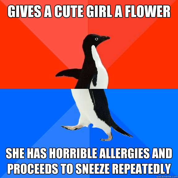 gives a cute girl a flower she has horrible allergies and proceeds to sneeze repeatedly   Socially Awesome Awkward Penguin