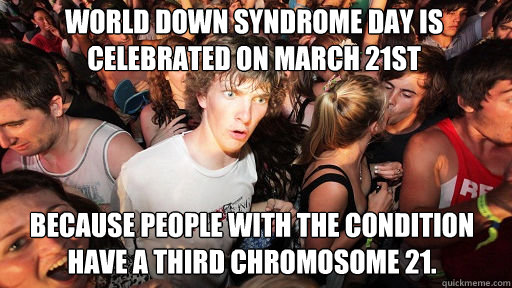 World Down Syndrome day is celebrated on March 21st
 Because people with the condition have a third chromosome 21. - World Down Syndrome day is celebrated on March 21st
 Because people with the condition have a third chromosome 21.  Sudden Clarity Clarence