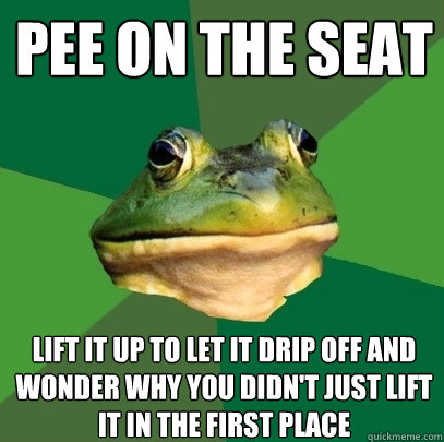 Pee on the seat lift it up to let it drip off and wonder why you didn't just lift it in the first place  Foul Bachelor Frog