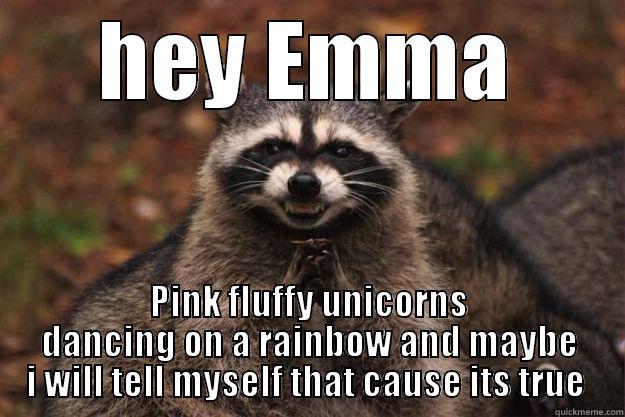 the other day - HEY EMMA PINK FLUFFY UNICORNS DANCING ON A RAINBOW AND MAYBE I WILL TELL MYSELF THAT CAUSE ITS TRUE  Evil Plotting Raccoon