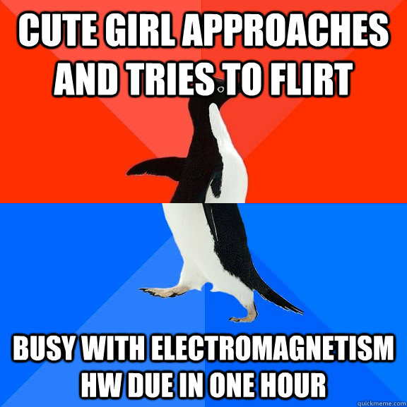cute girl approaches and tries to flirt busy with electromagnetism hw due in one hour  Socially Awesome Awkward Penguin