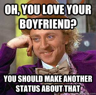 Oh, you love your boyfriend? you should make another status about that  Condescending Wonka