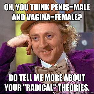 Oh, you think penis=male and vagina=female? Do tell me more about your 
