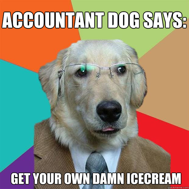 Accountant dog says: Get your own damn icecream  Business Dog
