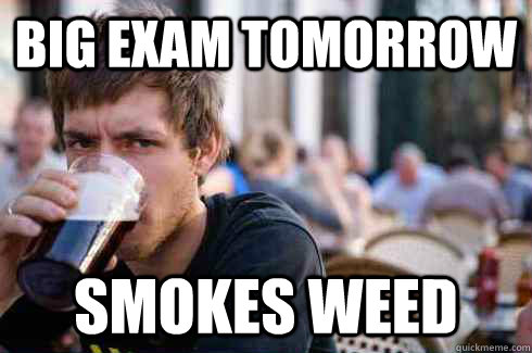 Big exam tomorrow smokes weed  Lazy College Senior