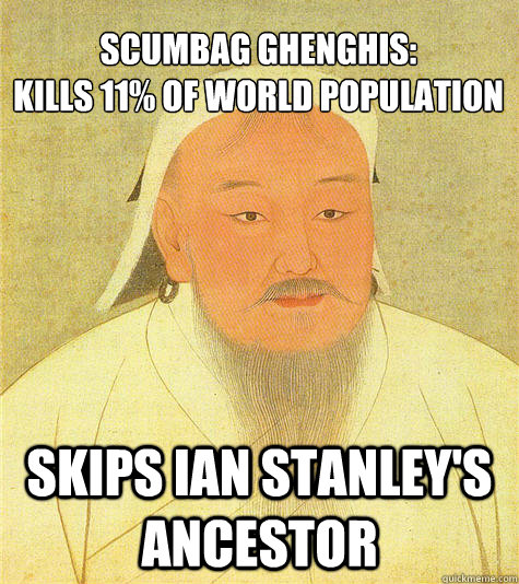 scumbag ghenghis:
Kills 11% of world population skips ian stanley's ancestor  Historic Anagrams