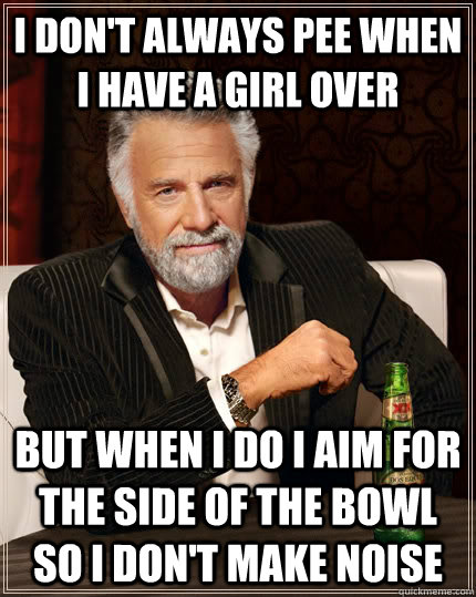 I don't always pee when I have a girl over but when I do I aim for the side of the bowl so I don't make noise - I don't always pee when I have a girl over but when I do I aim for the side of the bowl so I don't make noise  The Most Interesting Man In The World