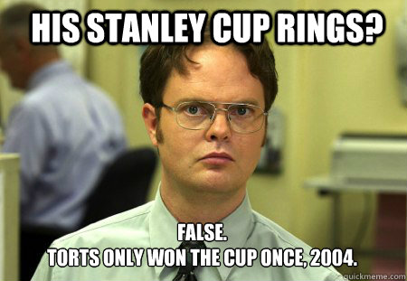 His stanley cup rings? FALSE.  
Torts only won the cup once, 2004.  Schrute