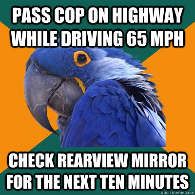Pass cop on highway while driving 65 mph check rearview mirror for the next ten minutes  Paranoid Parrot
