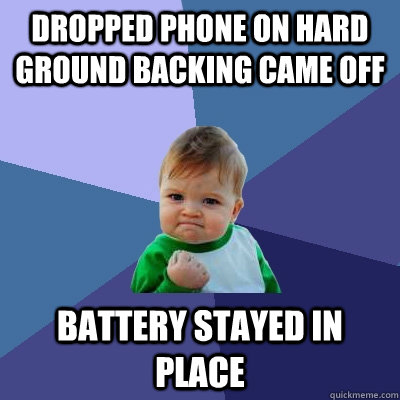 dropped phone on hard ground backing came off battery stayed in place - dropped phone on hard ground backing came off battery stayed in place  Success Kid