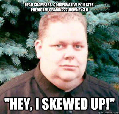 Dean Chambers, Conservative pollster.
Predicted Obama 227, Romney 311 