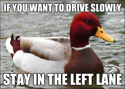 IF YOU WANT TO DRIVE SLOWLY
 STAY IN THE LEFT LANE  Malicious Advice Mallard