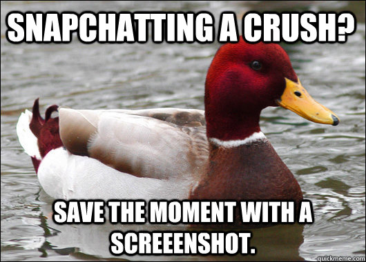 snapchatting a crush? save the moment with a screeenshot.   Malicious Advice Mallard