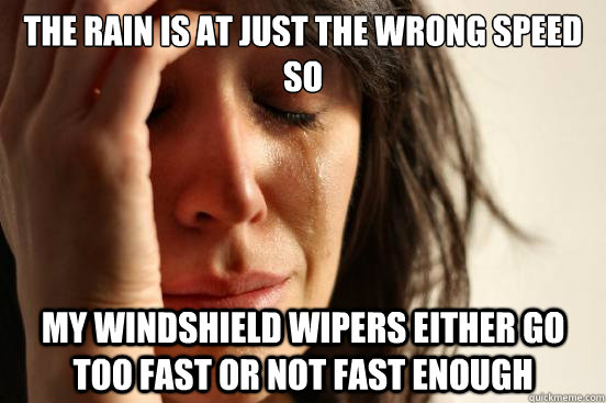 the rain is at just the wrong speed so my windshield wipers either go too fast or not fast enough  First World Problems